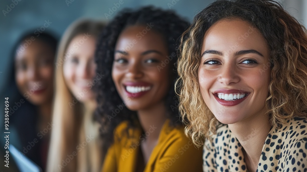 Fototapeta premium Multi-ethnic group of businesswomen collaborating and smiling in office