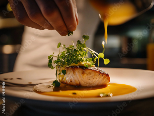 Fototapeta Naklejka Na Ścianę i Meble -  gourmet dish being plated in a fine-dining restaurant, delicate placement of microgreens on top of a perfectly cooked piece of fish