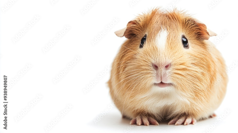A fluffy guinea pig with its nose twitching on a white background, with space for copy or promotional text A fluffy guinea pig with its nose twitching on a white background, with space for copy or promotional text