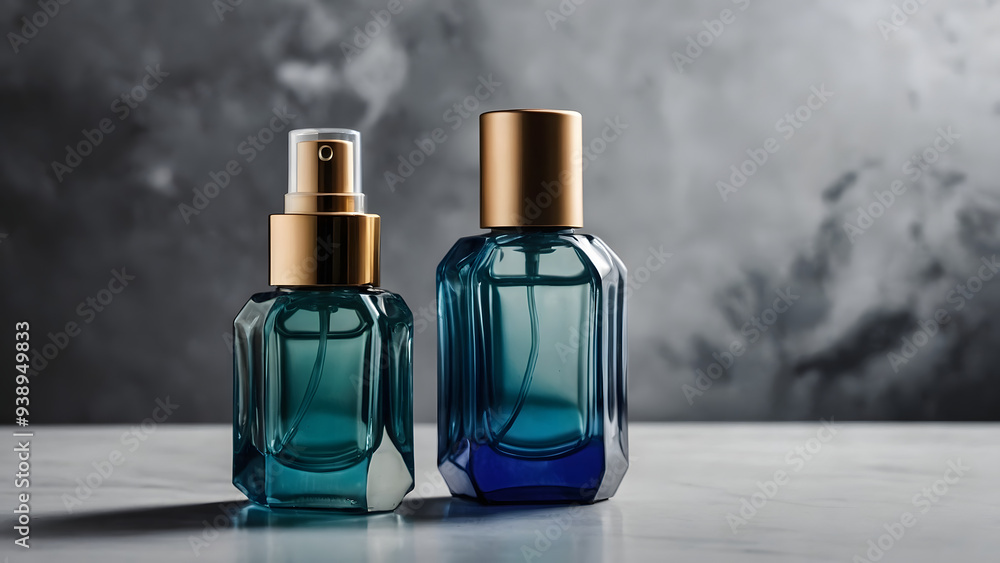 Two bottles of perfume and cosmetics stand on a light gray background Two bottles of perfume and cosmetics stand on a light gray background