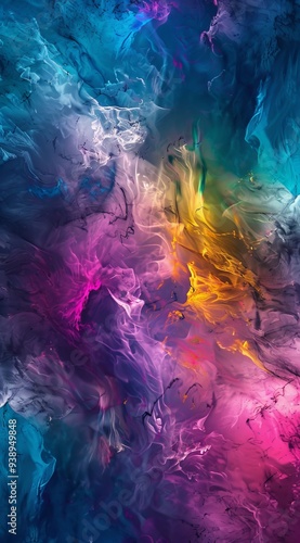 Colorful abstract art wallpaper featuring fluid lines and curves in a harmonious blend of dark pink, blue, yellow, and purple, creating a visually captivating neo-romantic style photo