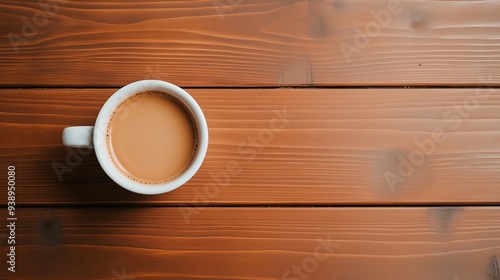 A white coffee cup sits on a wooden table. The cup is filled with a dark brown liquid, which is likely coffee. The wooden table provides a warm and cozy atmosphere