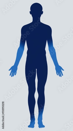 A silhouette of a human figure with arms extended, depicted in a gradient blue color against a light gray background, symbolizing health and wellness concepts
