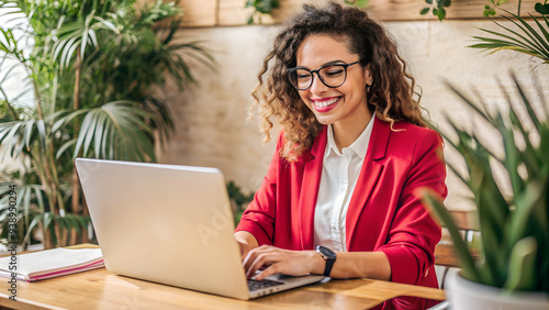 A beautiful young woman with glasses working at a laptop in cafe, a freelance girl or a student at a computer
