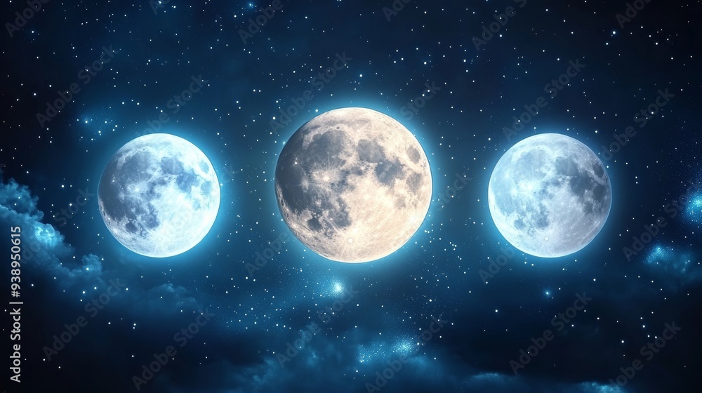 Three moons glowing against a star-studded night sky, creating a mystical and surreal celestial scene. Three moons glowing against a star-studded night sky, creating a mystical and surreal celestial scene.