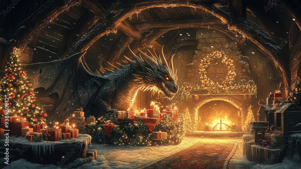 Obraz premium Dragon's Christmas Feast in a Cozy Stone Cottage