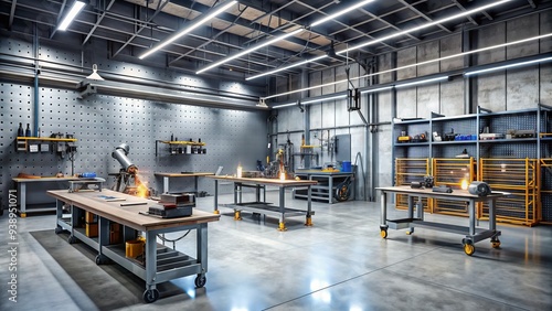 Organized welding shop interior with workbenches, metal fabrication tools, spark-filled welding areas, and rows of shelved equipment, surrounded by gray concrete walls. photo