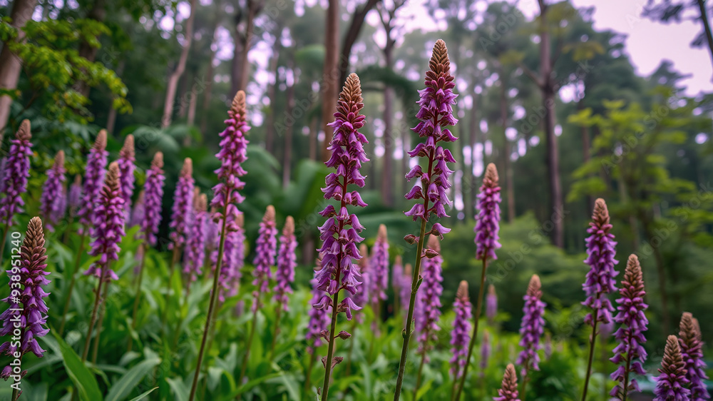 Purple forest flowers growing vertically in the foreground And behind is a forest in purple tones. purple sky, Purple forest flowers growing vertically in the foreground And behind is a forest in purple tones. purple sky,