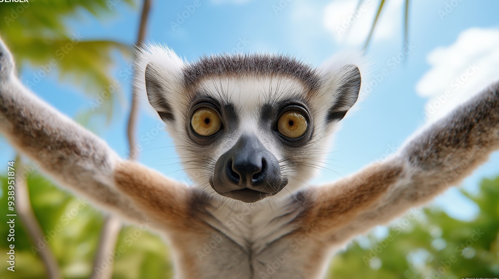 Obraz premium A cartoon of a lemur with a surprised expression. The lemur is looking at the camera and has a yellow nose