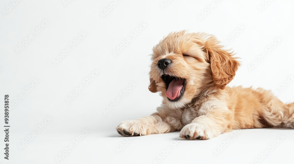 A sleepy puppy yawning on a white background, creating a cozy and endearing scene with space for text. A sleepy puppy yawning on a white background, creating a cozy and endearing scene with space for text.