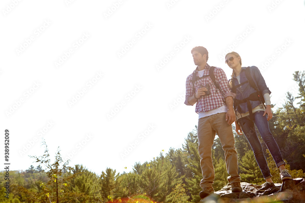 Nature, space or happy couple hiking in mountain for travel or outdoor adventure in woods or forest. Mockup, view or people sightseeing together on holiday vacation, trip or break to explore park Nature, space or happy couple hiking in mountain for travel or outdoor adventure in woods or forest. Mockup, view or people sightseeing together on holiday vacation, trip or break to explore park