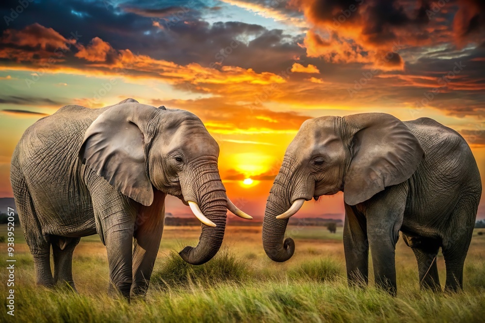 Fototapeta premium Elephant couple at sunset in the savanna