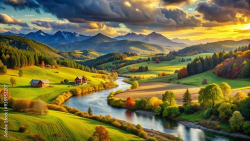 Panoramic Countryside Scene With Rolling Hills, Mountains In The Distance, And A Winding River, Perfect For Coloring And Adding Personal Touches.