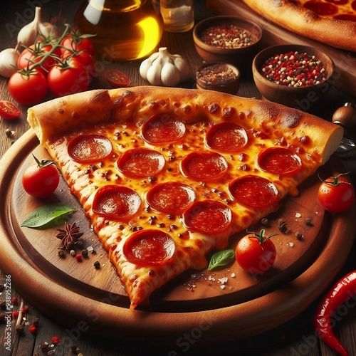 "A large, gooey slice of pepperoni pizza with a perfectly crispy crust, surrounded by extra slices on a wooden pizza board."