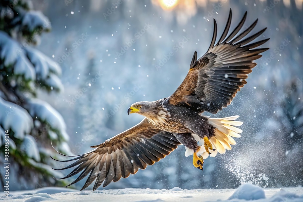 Obraz premium Eagle fly in snowy winter landscape