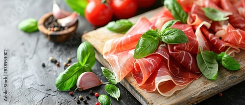 Slices of prosciutto with rosemary on a wooden board. Free copy space for text.