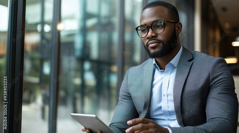 Portrait of a business professional with a tablet, engaged in strategic planning, confident and clear Portrait of a business professional with a tablet, engaged in strategic planning, confident and clear