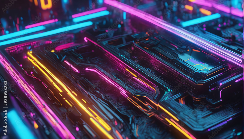Create a cyberpunk-inspired tech texture with neon lights. Create a cyberpunk-inspired tech texture with neon lights.