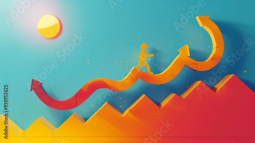 A child navigating a vibrant upward path over colorful mountains against a bright blue sky and sun, symbolizing growth and exploration in a creative, abstract illustration