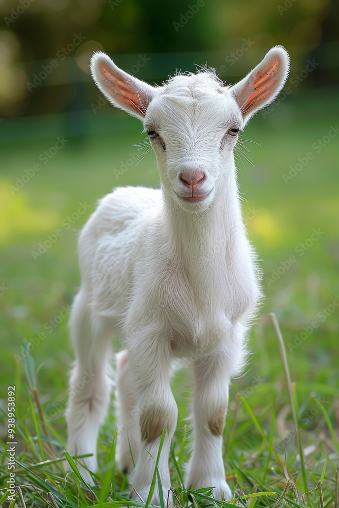 White baby goat, green grass in the background White baby goat, green grass in the background