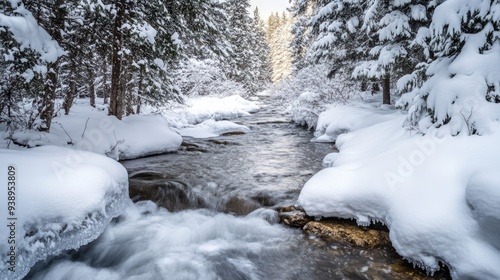 Snowy Creek in a Winter Forest