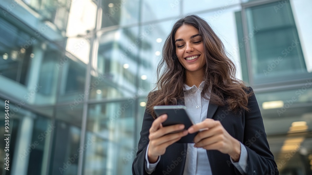 Portrait of a confident businesswoman using her smartphone outside a corporate building, copy space Portrait of a confident businesswoman using her smartphone outside a corporate building, copy space