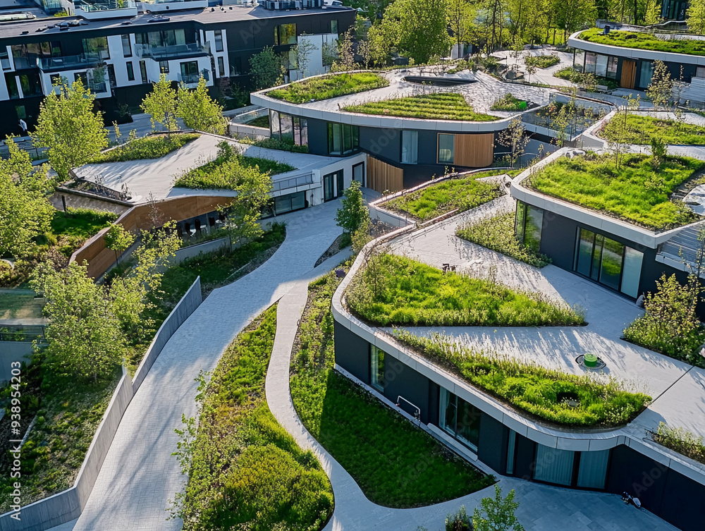 urban community with interconnected green roofs, rainwater harvesting ...