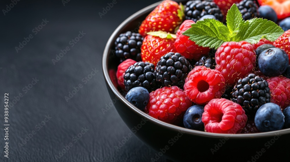 A vibrant bowl filled with fresh, colorful berries, including raspberries, blueberries, and blackberries on a dark background. A vibrant bowl filled with fresh, colorful berries, including raspberries, blueberries, and blackberries on a dark background.