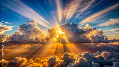 Rays Of Sunlight Streaming Through A Cluster Of Fluffy Clouds, Casting A Warm Glow Upon The Surrounding Landscape.