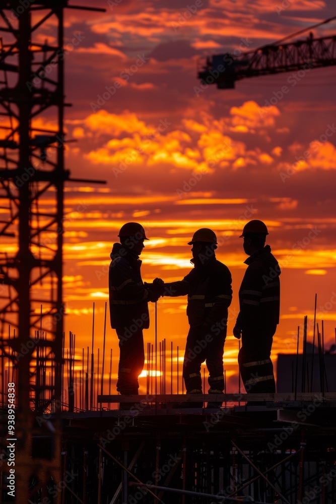 Fototapeta premium Three construction workers collaborate and shake hands as the sun sets behind them, casting a warm glow