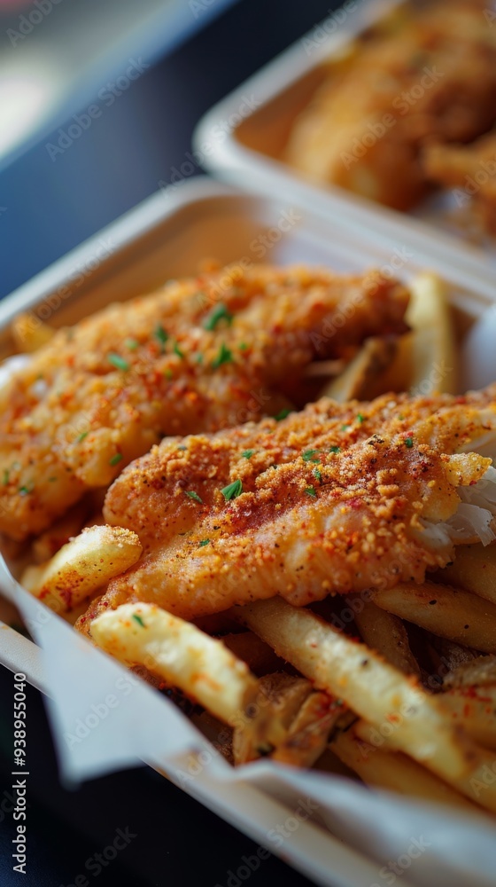 fried catfish sitting on a bed of french fries. fried catfish sitting on a bed of french fries.