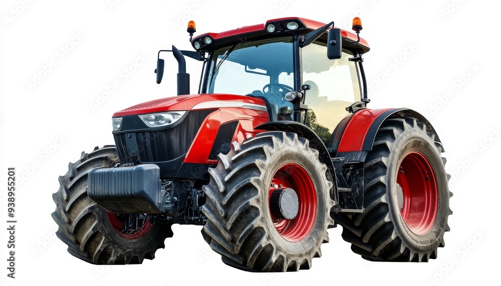 Obraz premium Modern Red Tractor Silhouette on Abstract White Background: Innovative Agricultural Technology Concept. Minimalist Design for Farm Equipment Marketing, Rural Development Campaigns, and Agribusiness Ad