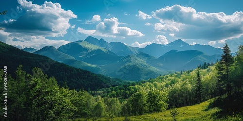  Green forest, magnificent mountain peaks outdoors, clean sky, beautiful clouds, skyline