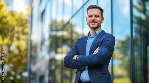 Portrait of a successful businessman standing confidently outside a modern building, copy space