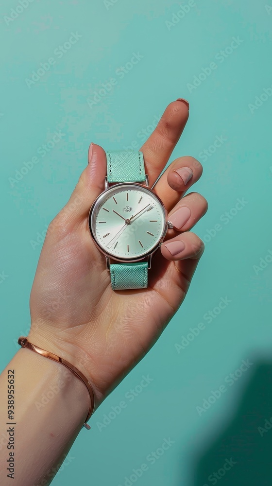 A hand holding a turquoise wristwatch against a solid blue background, showcasing the watch's elegant design and bright color scheme. A hand holding a turquoise wristwatch against a solid blue background, showcasing the watch's elegant design and bright color scheme.