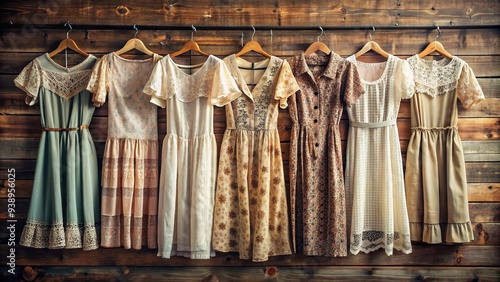 Retro-inspired, lace-trimmed, and delicately patterned, a collection of exquisite vintage dresses adorn a rustic wooden rack, exuding timeless elegance and nostalgic charm.