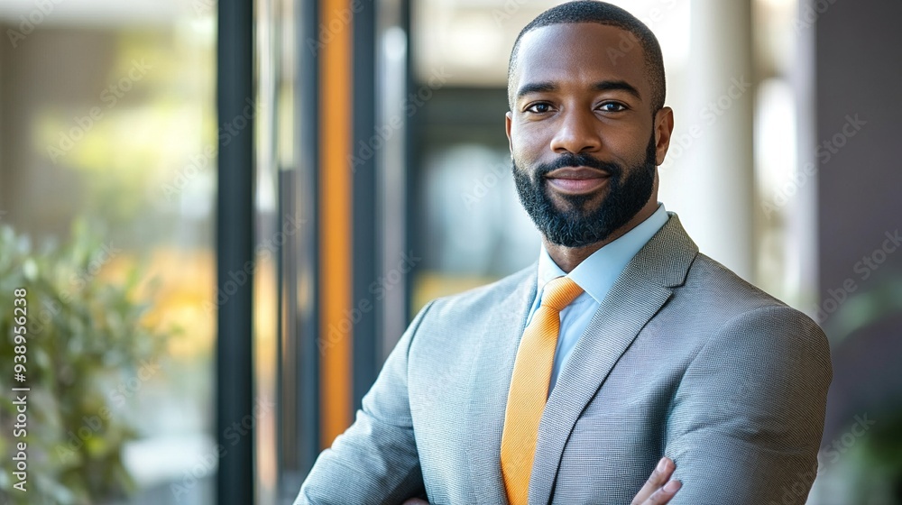 Fototapeta premium Portrait of an African American businessman, confident and professional demeanor, copy space