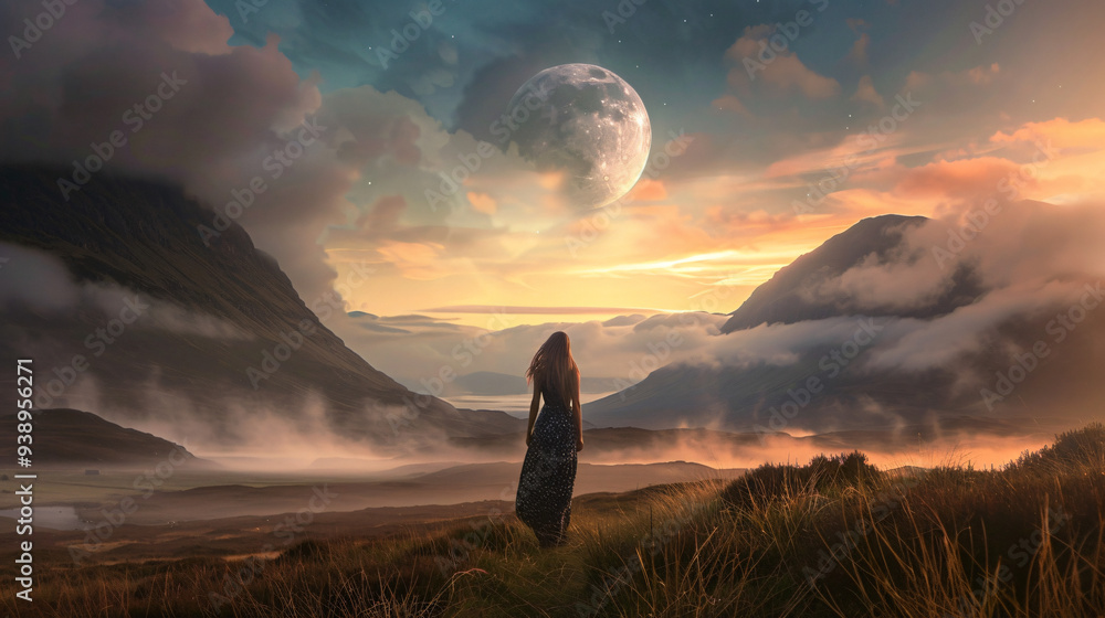 Fototapeta premium Woman in a Dress on a Hill with Sunset Sky and Large Moon in the Background