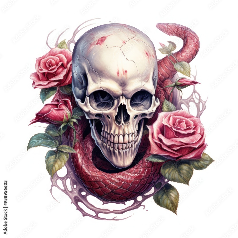 Fototapeta premium A captivating skull surrounded by vibrant roses and a serpent, blending themes of life and death in an artistic design.