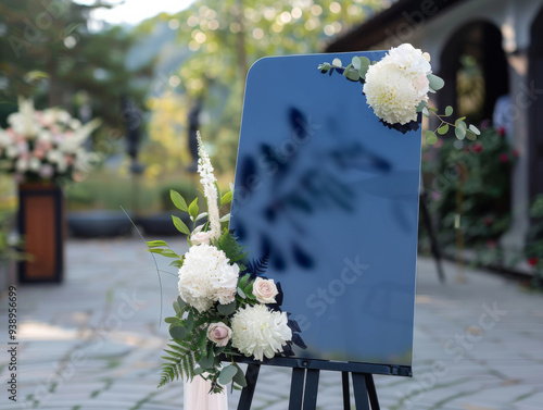 vertical acrylic signboard set up on a black easel stand. The signboard has a sophisticated and elegant design with a deep navy blue background, giving it a sleek and modern appearance.  photo