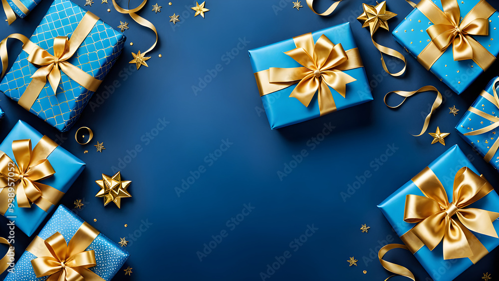 A festive illustration featuring blue gifts adorned with golden bows and ribbons, placed against a blue background. Star decorations add elegance, while the gold accents contrast beautifully with the A festive illustration featuring blue gifts adorned with golden bows and ribbons, placed against a blue background. Star decorations add elegance, while the gold accents contrast beautifully with the
