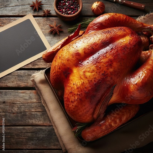 roasted turkey with copy space on a plate for thanksgiving celebration photo