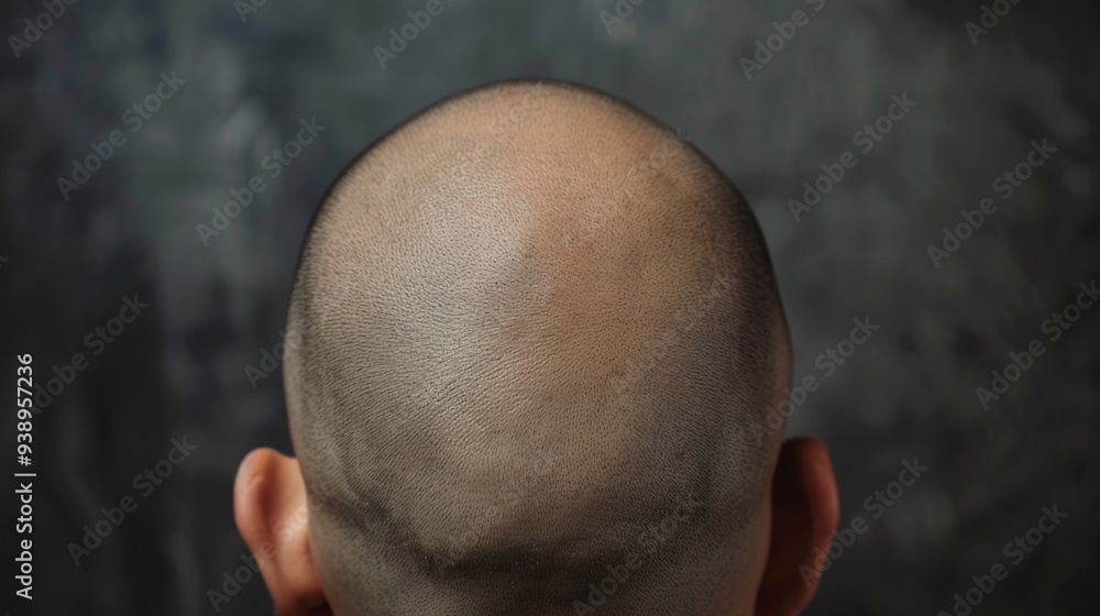Fototapeta premium A close-up view of a bald head captured indoors, highlighting the smooth skin and natural texture, showcasing the unique features of hair loss and scalp during daylight