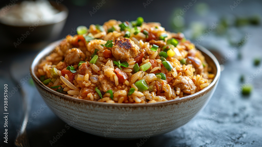 A hearty bowl of flavorful rice with succulent chicken and vibrant green onions served on a rustic table at sunset A hearty bowl of flavorful rice with succulent chicken and vibrant green onions served on a rustic table at sunset