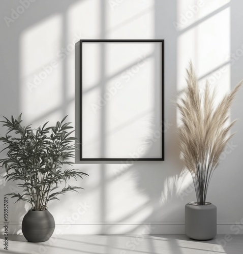 Vertical frame mockup on white wall, front view with plants around. Maquette de cadre vertical sur un mur blanc, vue de face avec des plantes autour.