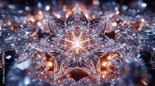 A symmetrical star shape made of crystal, diamond, and glass. Une forme d'étoile symétrique faite de cristal, de diamant et de verre. photo