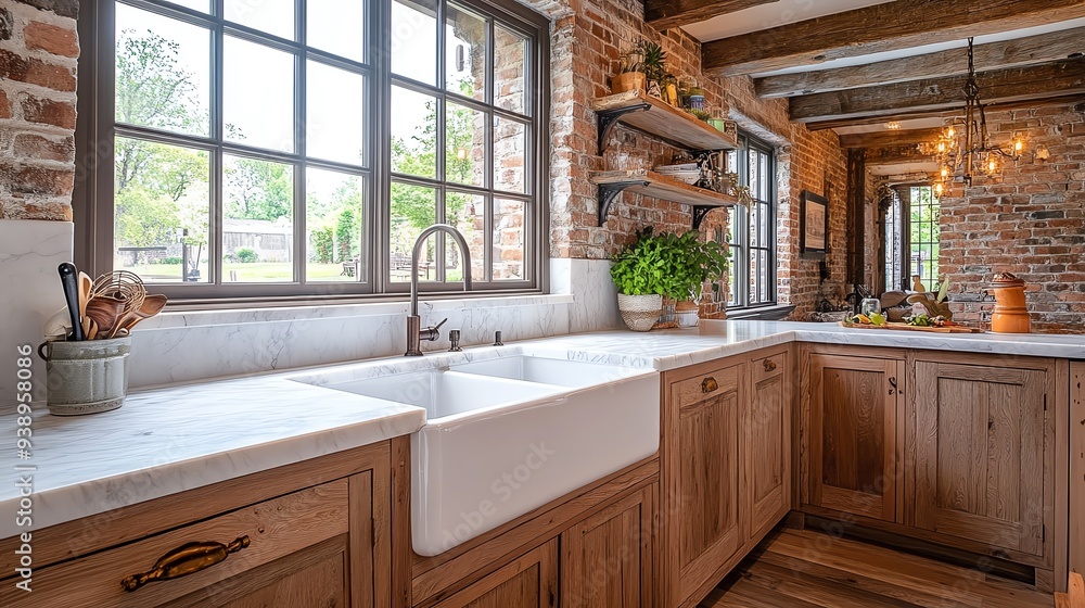 Stylish kitchen featuring rustic wooden cabinets, marble countertops, and large windows that create a bright, inviting atmosphere. Stylish kitchen featuring rustic wooden cabinets, marble countertops, and large windows that create a bright, inviting atmosphere.
