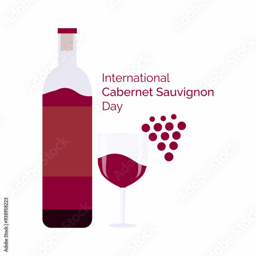 International Cabernet Sauvignon Day vector. Glass of red wine and bunch of grapes still life vector illustration. Cabernet blends wine. 