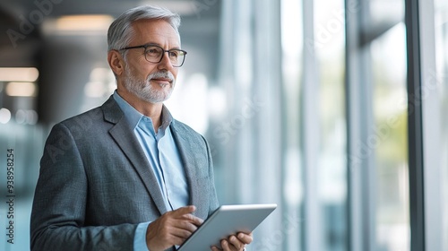 Senior business executive working on a tablet in a sleek office environment