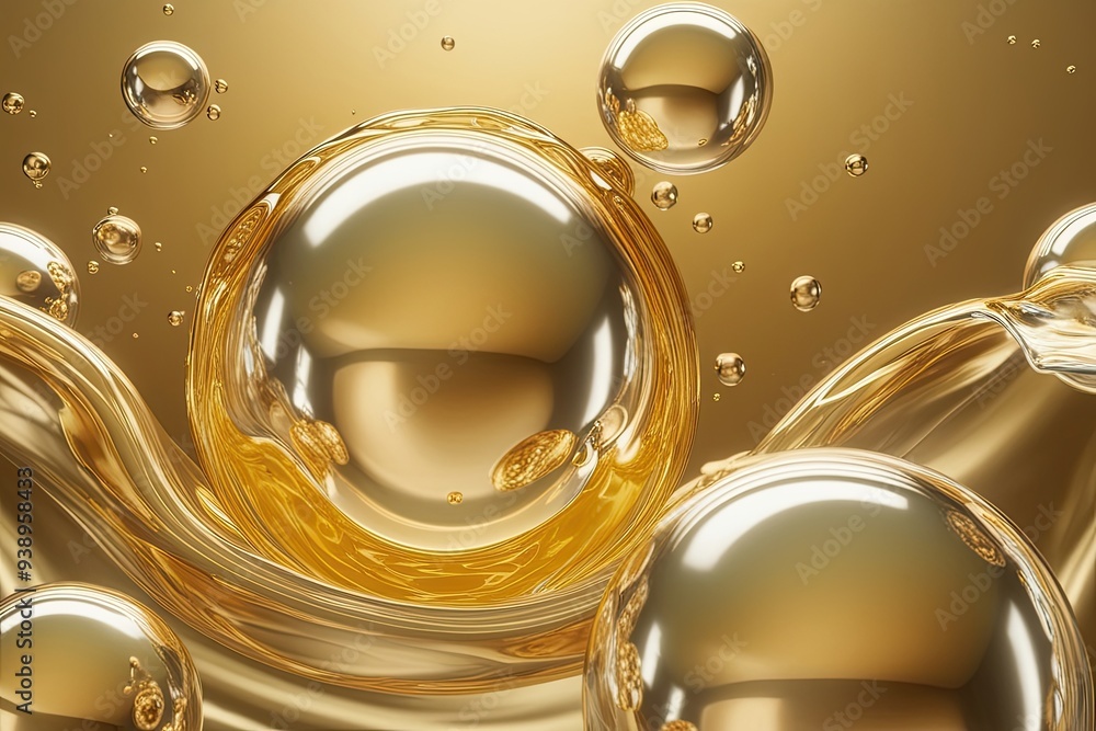 3D Render of Golden Liquid Bubbles and Skin Cell Background for Enhanced Visuals 3D Render of Golden Liquid Bubbles and Skin Cell Background for Enhanced Visuals